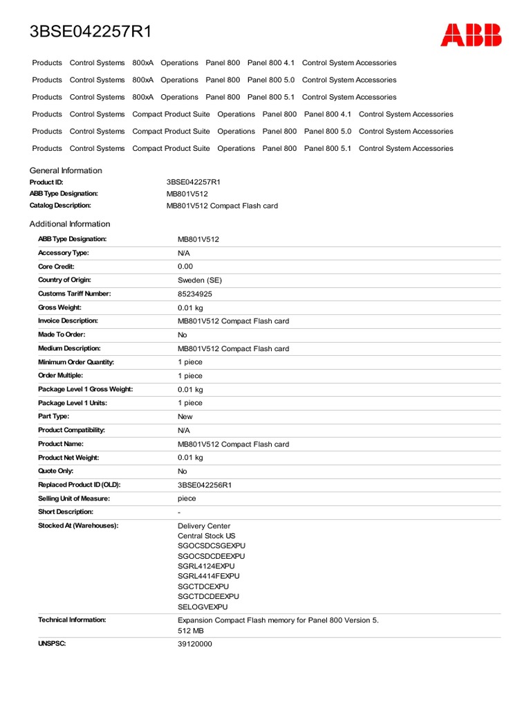 3BSE042257R1 Mb801v512 Compact Flash Card PDF