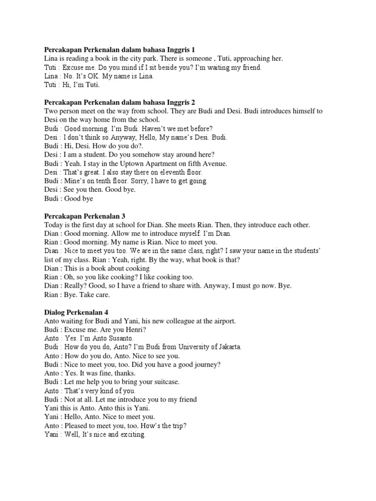 Percakapan Perkenalan Dalam Bahasa Inggris 1 | PDF