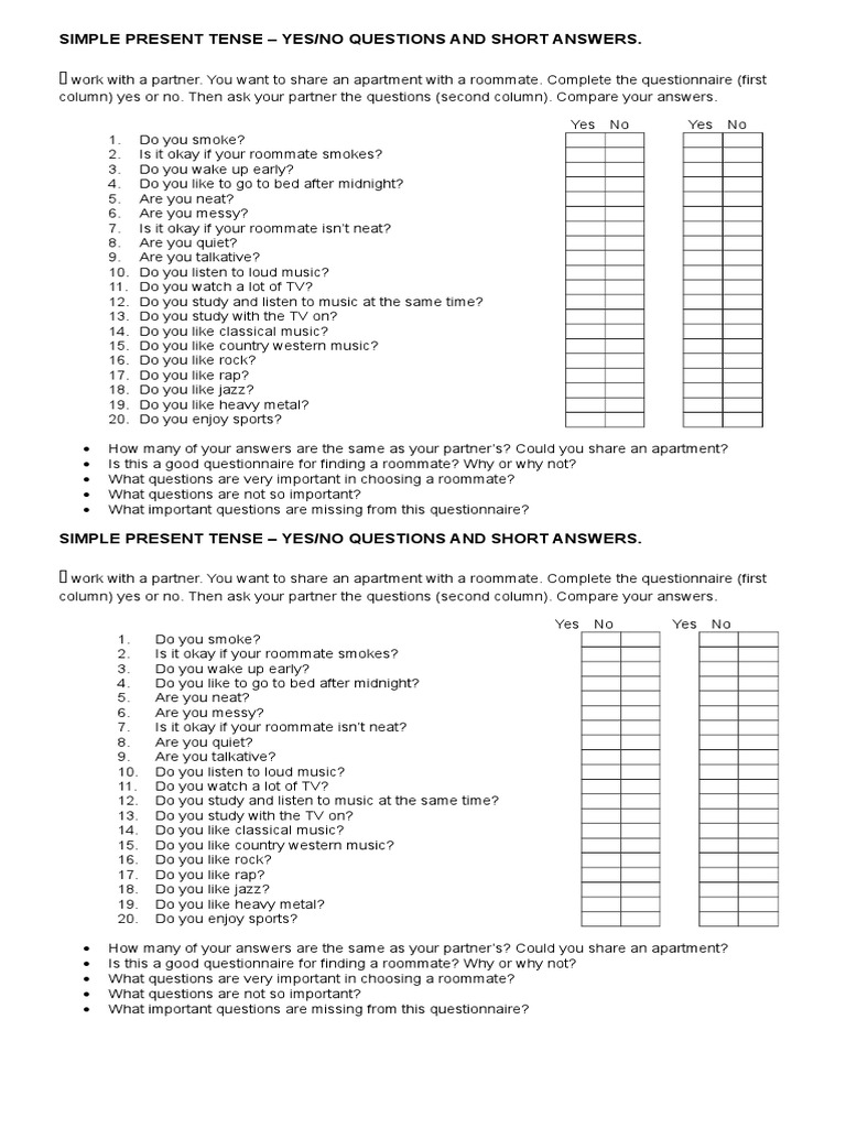 Pair Work - Questionnaire for a Roommate | Roommate | Entertainment (General)