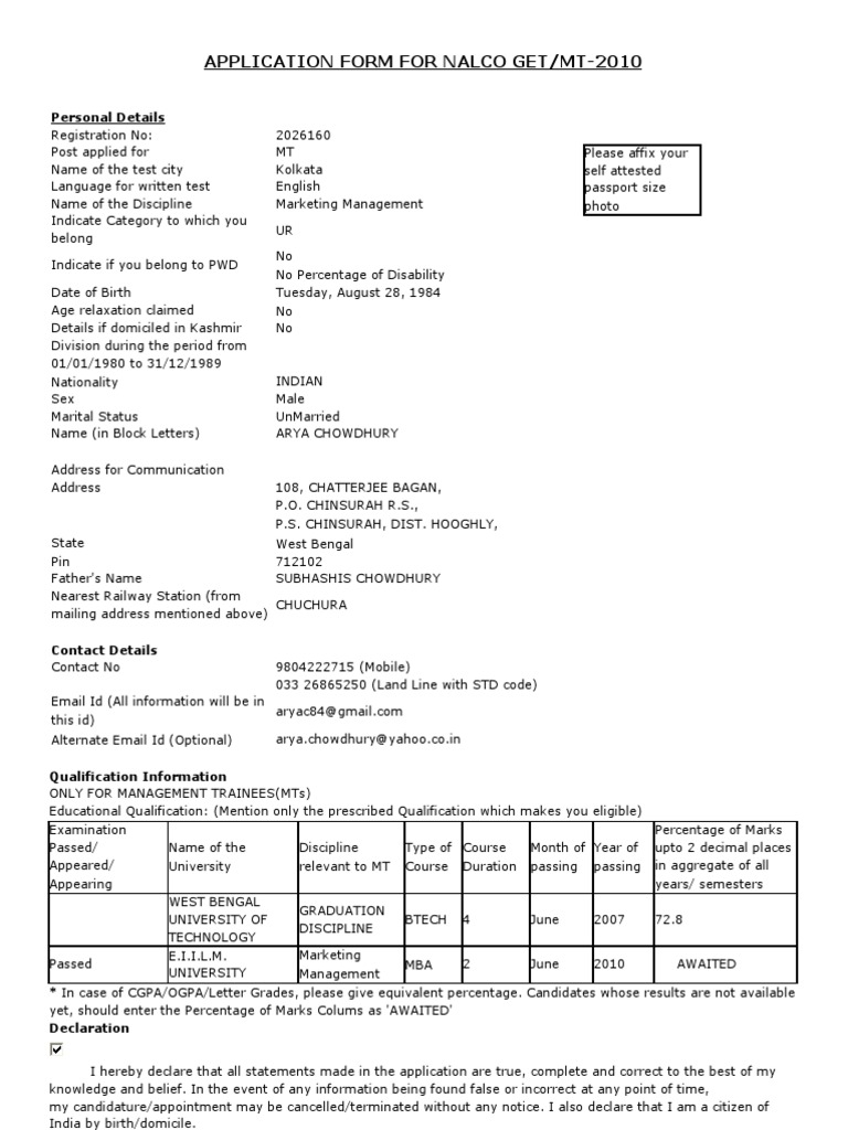 Nalco Application Form | PDF
