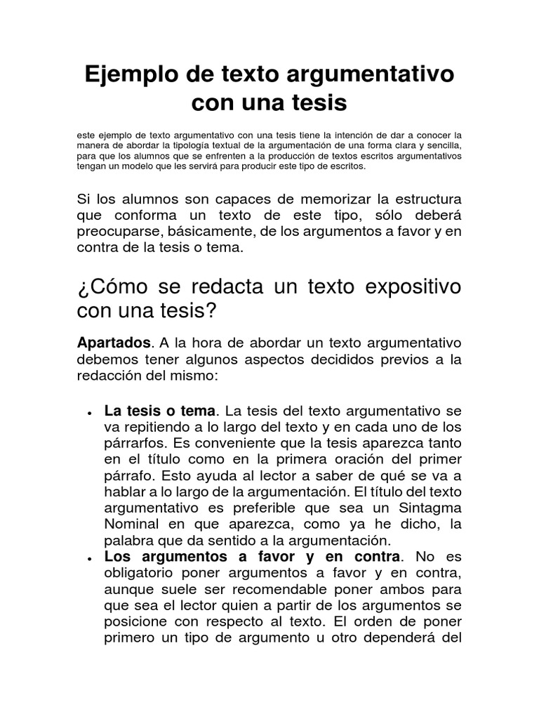 Ejemplo de Texto Argumentativo Con Una Tesis | Argumento | Idiomas