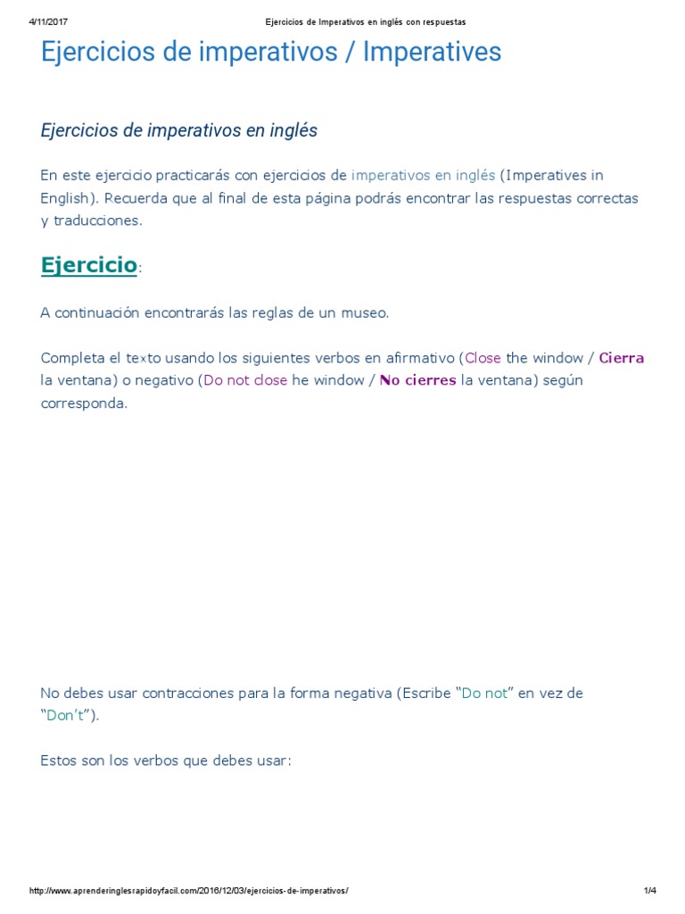 Ejercicios de Imperativos en Inglés Con Respuestas | Música