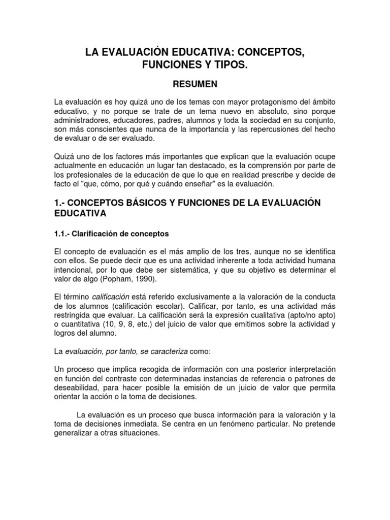 Conceptos y Funciones de la Evaluación Educativa | PDF | Evaluación ...