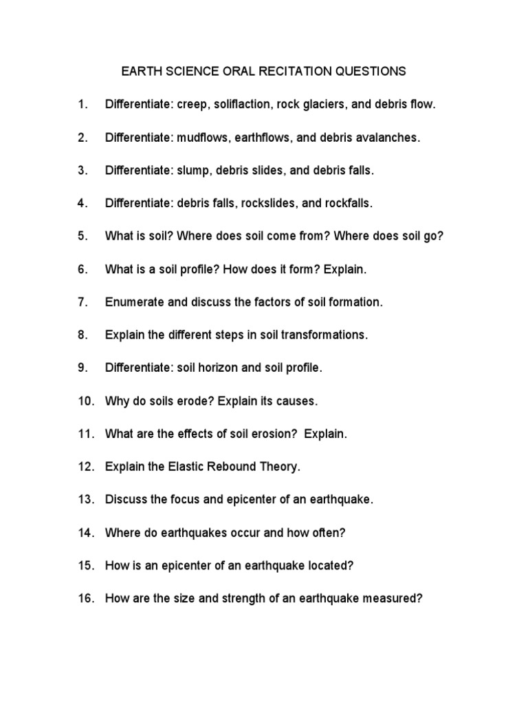 Earth Science Recitation Questions Guide | PDF