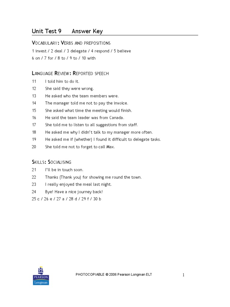 Unit Test 9 Answer Key: PHOTOCOPIABLE © 2006 Pearson Longman ELT | PDF ...