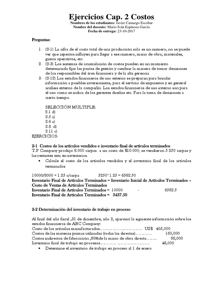 Ejercicios de Contabilidad de Costos | PDF | Costo | Inventario