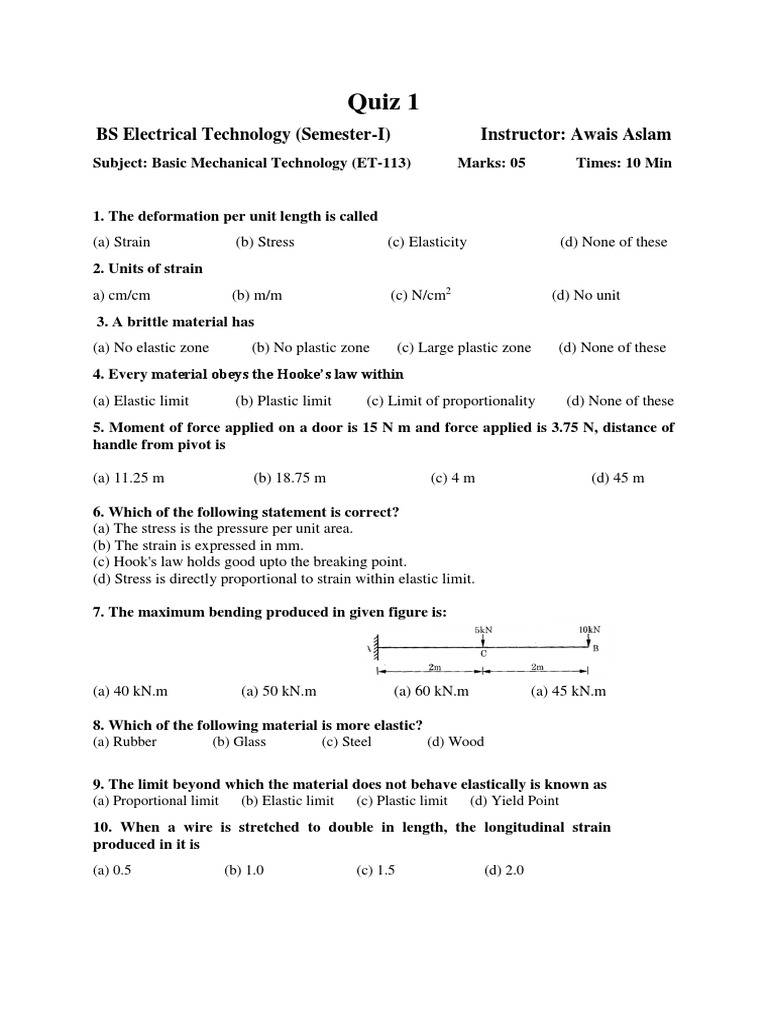 Quiz 1: BS Electrical Technology (Semester-I) Instructor: Awais Aslam ...