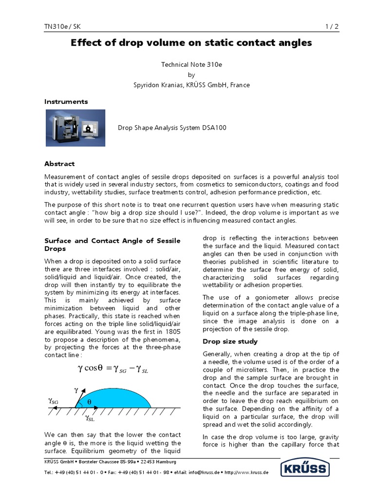 Effect of Drop Volume On Static Contact Angles SL SG PDF Wetting