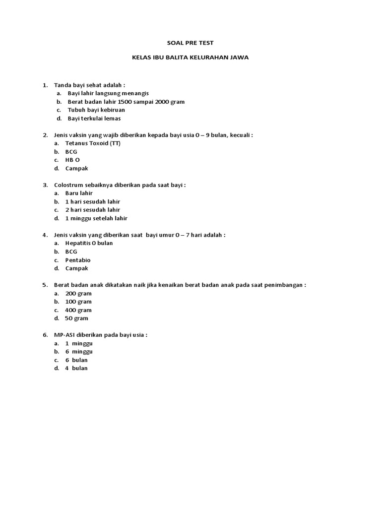 Contoh Soal Pre Test Dan Post Tes Kelas Ibu Hamil Jawabanku Id