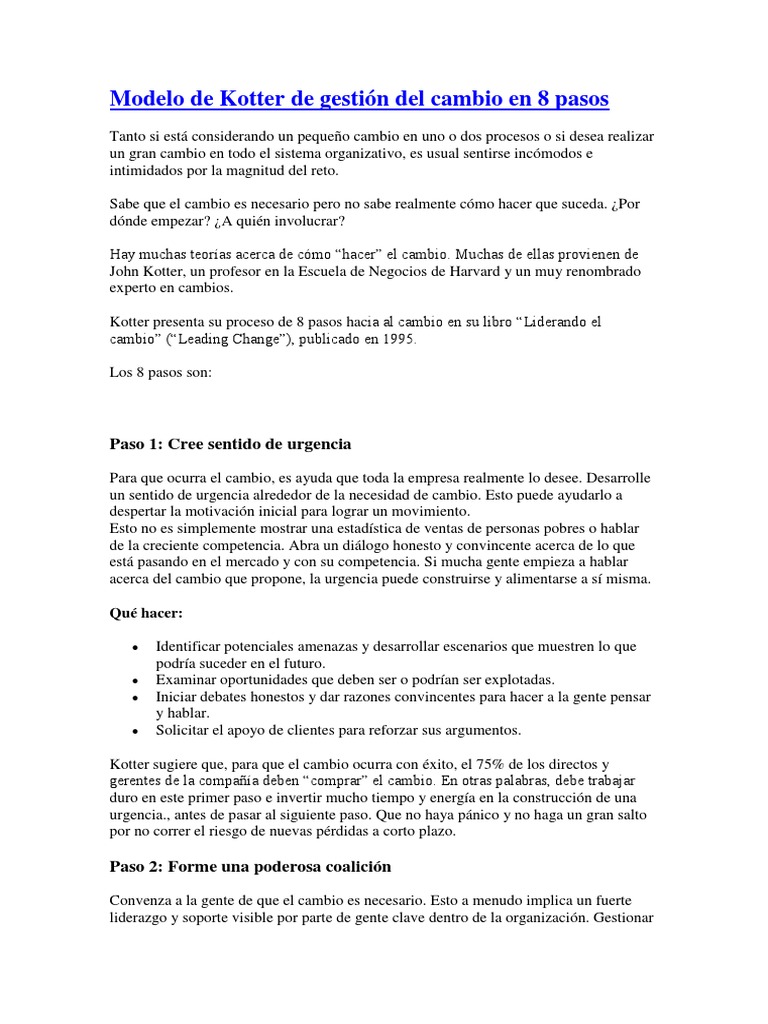 Modelo de Kotter: 8 Pasos para el Cambio | PDF | Liderazgo | Cultura ...