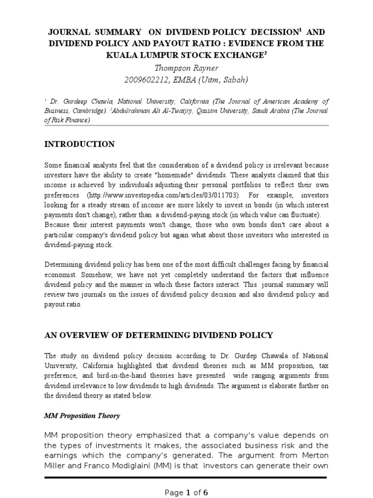 JOURNAL SUMMARY ON DIVIDEND POLICY DECISSION1 AND DIVIDEND POLICY