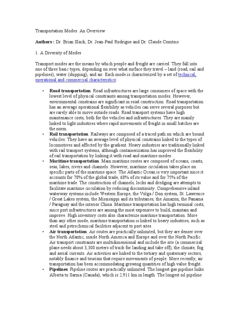 Overview of Transportation Modes | PDF | Mode Of Transport | Rail Transport