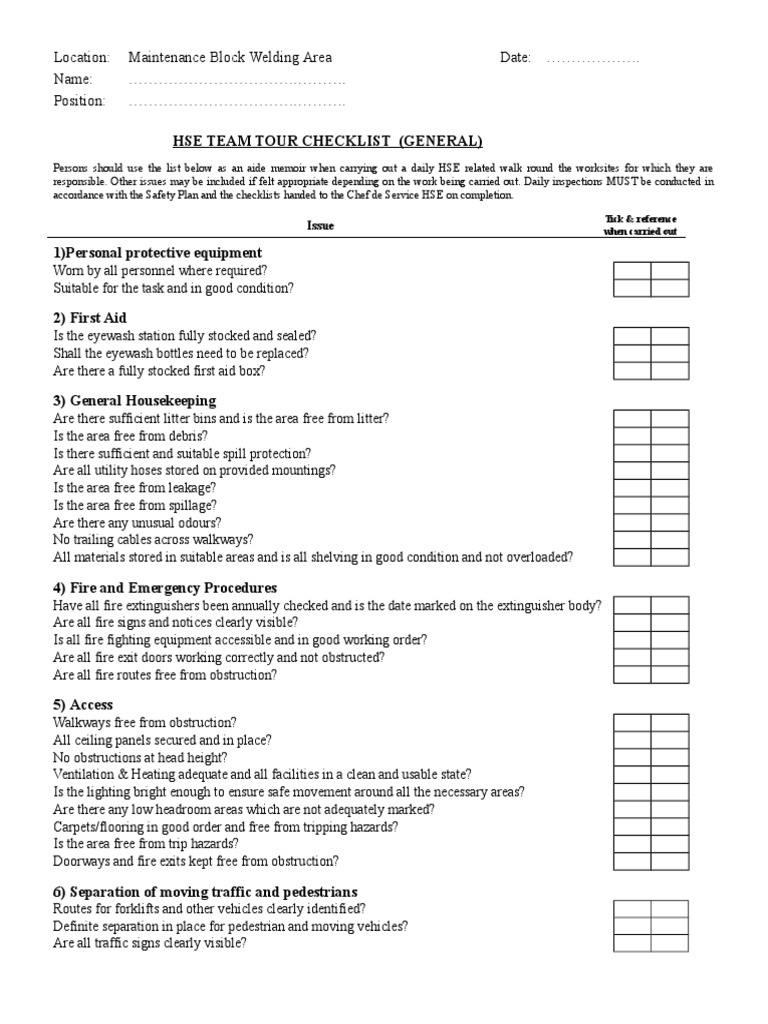 Hse Team Tour Checklist Welding Area Safety Prevention