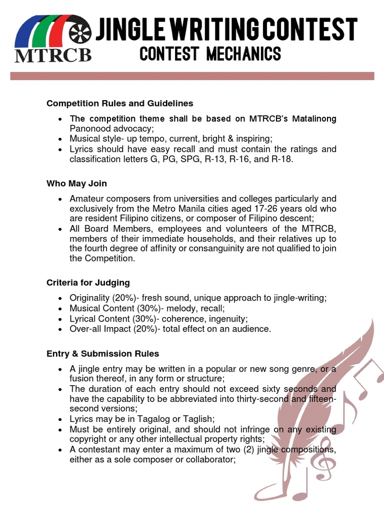 MTRCB Jingle Writing Contest Mechanics Leisure Entertainment (General)
