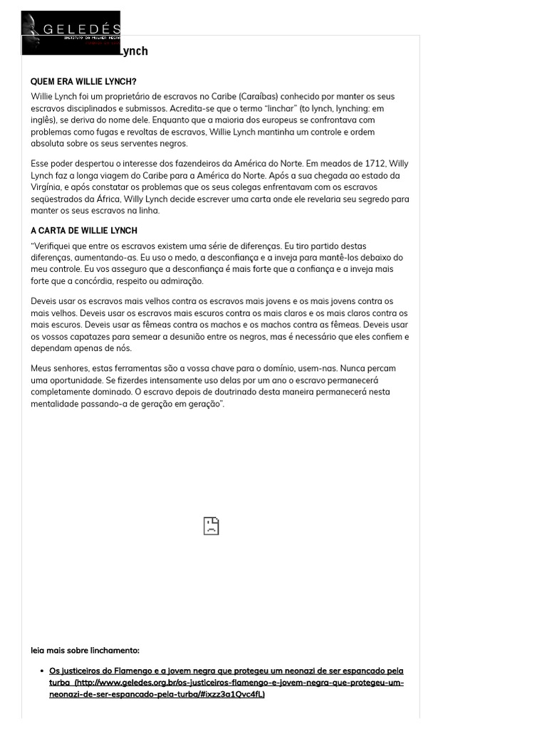 A Carta de Willie Lynch Geledés PDF Escravidão Sociedade