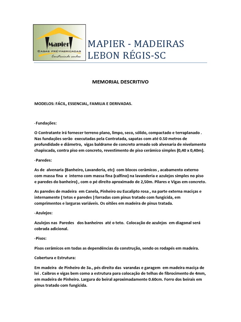 Memorial Descritivo - Casas Simples | PDF | Chuveiro | Engenharia Civil