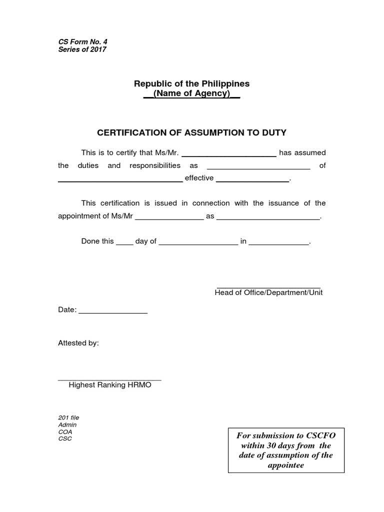 Cs form no 4 certification of assumption to duty
