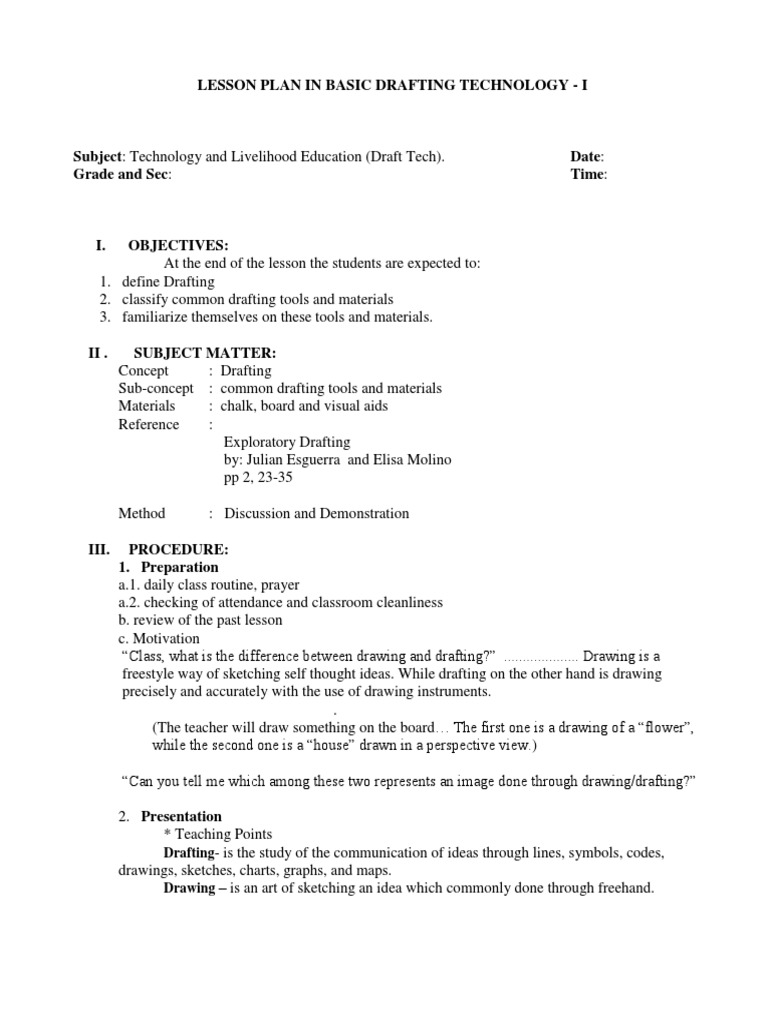 Lesson Plan in Basic Drafting Technology I PDF Drawing Technical