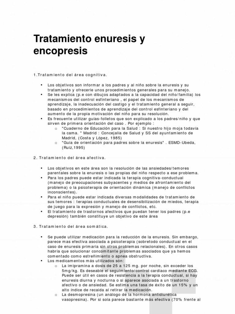 Tratamiento Enuresis y Sis PDF Orina nocturna al dormir Terapia