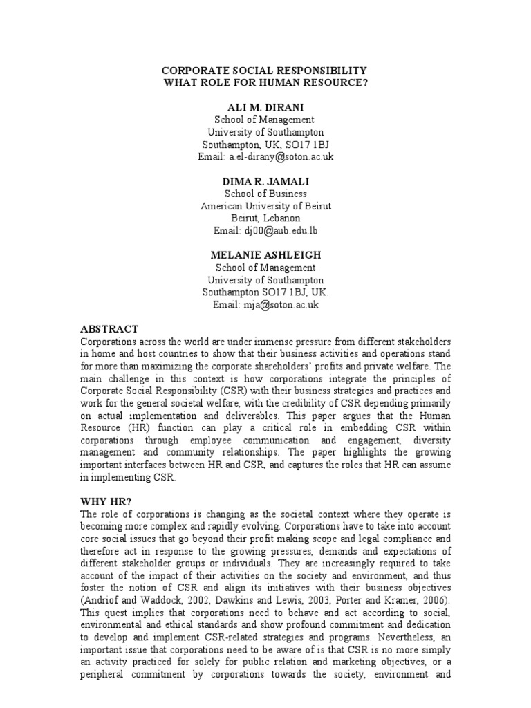CSR What Role For HR | PDF | Corporate Social Responsibility | Human ...