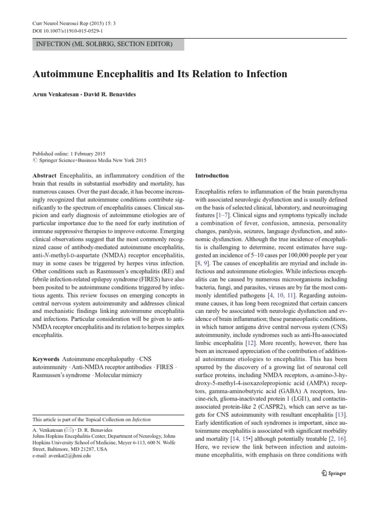 Autoimmune Encephalitis and Its Relation to Infection: Exploring the ...
