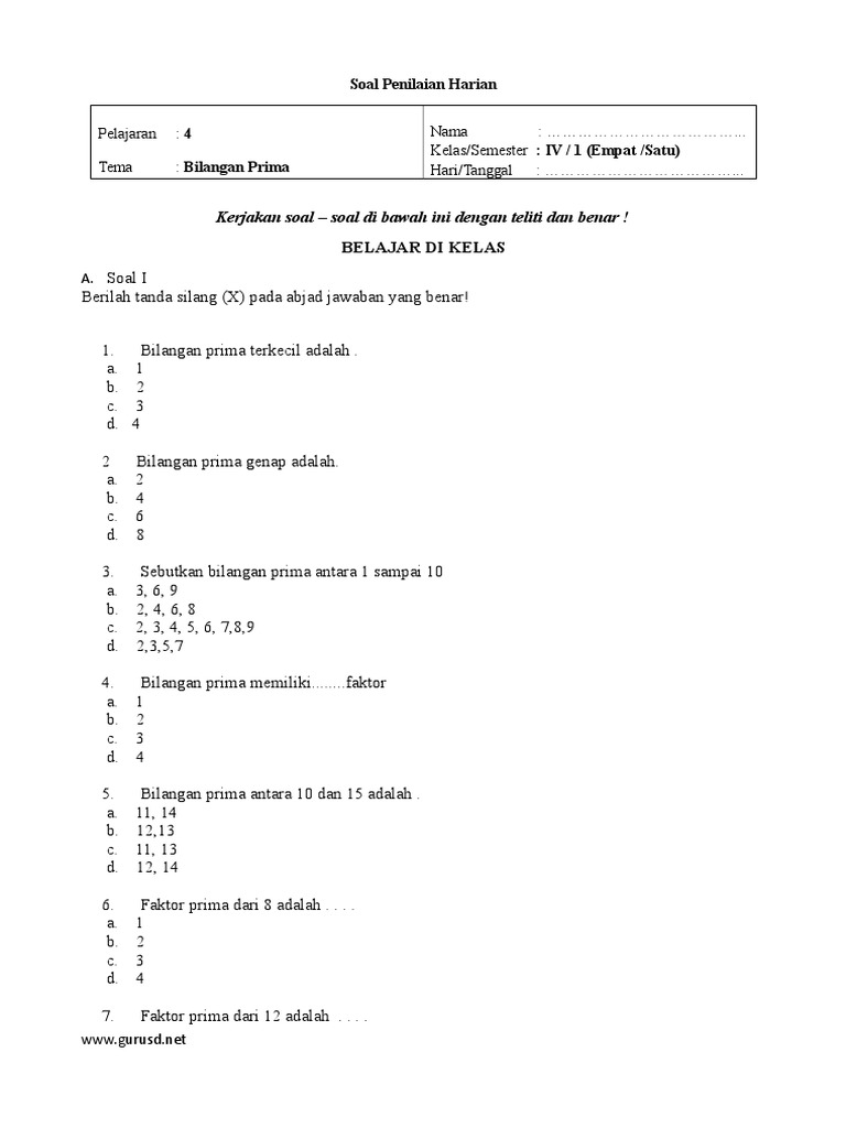 Soal Kelas 4 Mtk Pelajaran Bil Prima