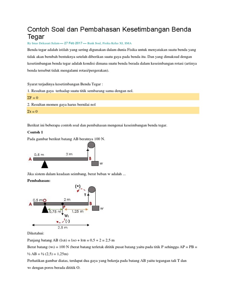 Contoh Soal Dan Pembahasan Kesetimbangan Benda Tegar
