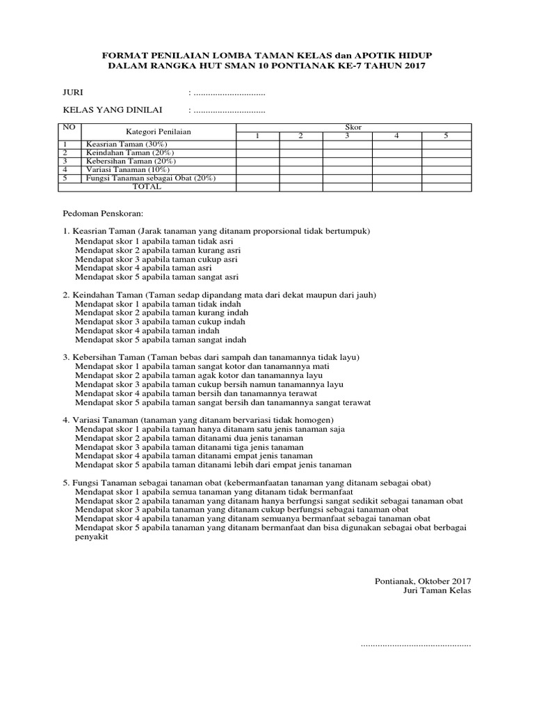 Format Penilaian Lomba Taman Kelas Dan Apotik Hidup Di Sman 10 Pontianak