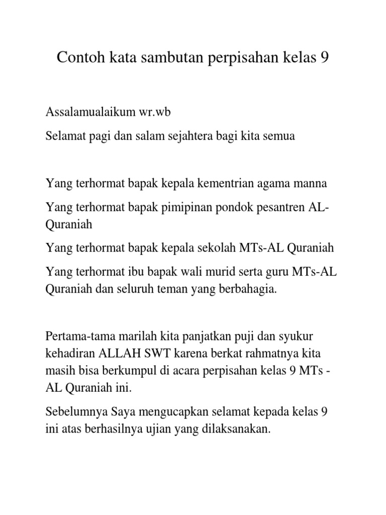 Contoh Kata Sambutan Perpisahan Kelas   PDF