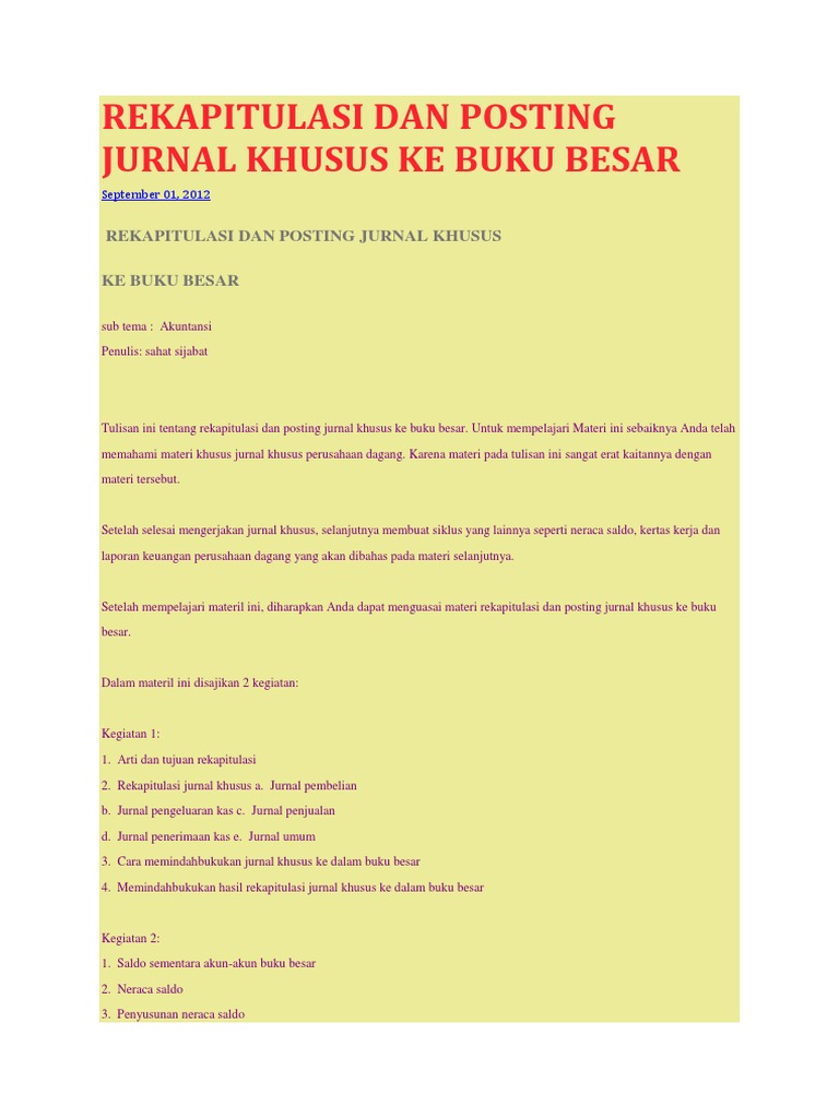 Contoh Soal Posting Jurnal Khusus Ke Buku Besar Perusahaan ...