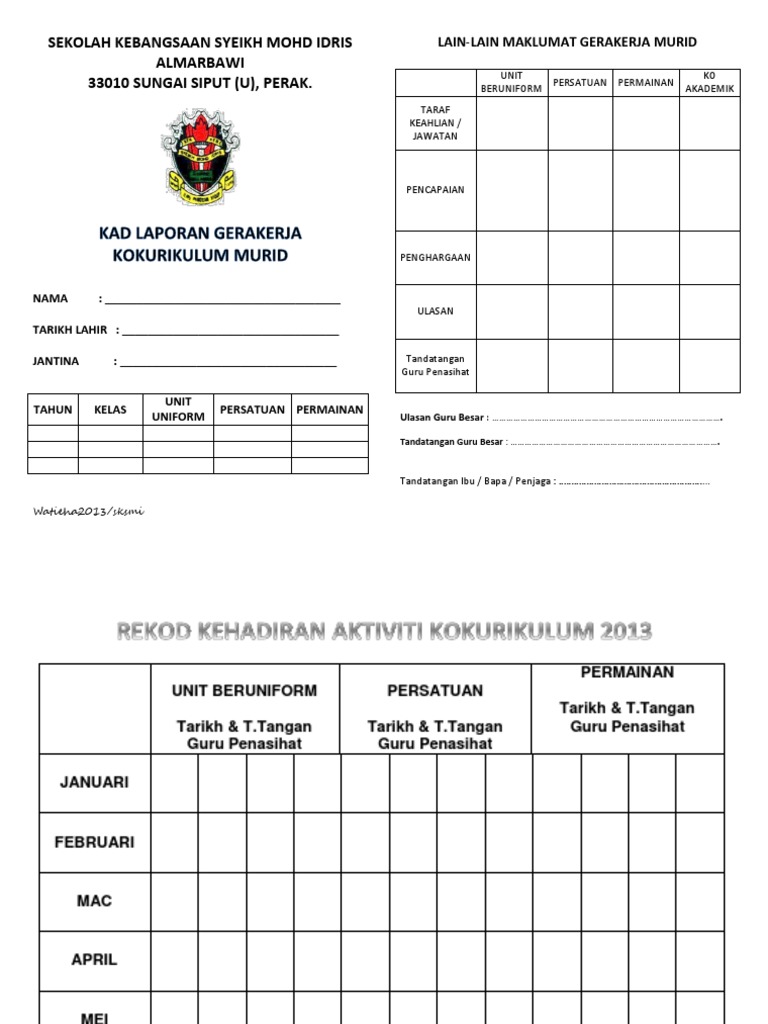 Kad Laporan Kokurikulum Murid 2013 Pdf