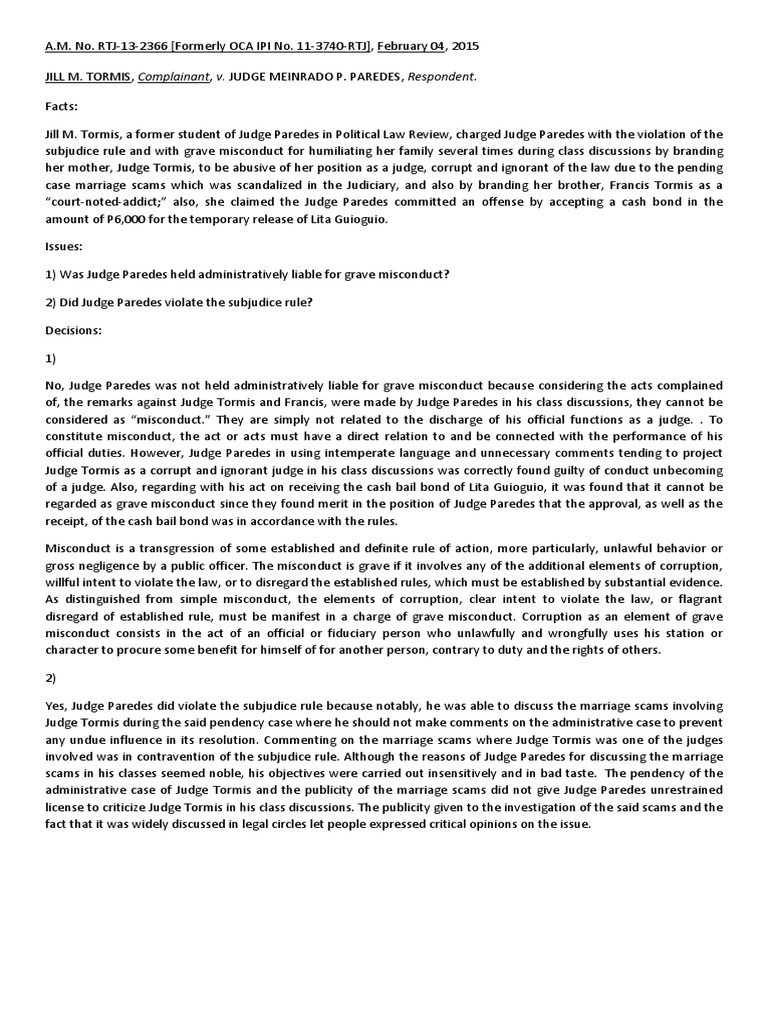 Jill M. Tormis Vs Judge Paredes PDF Criminal Law Virtue