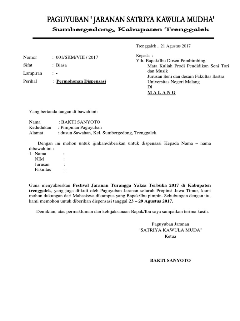 Surat Permohonan Dispensasi