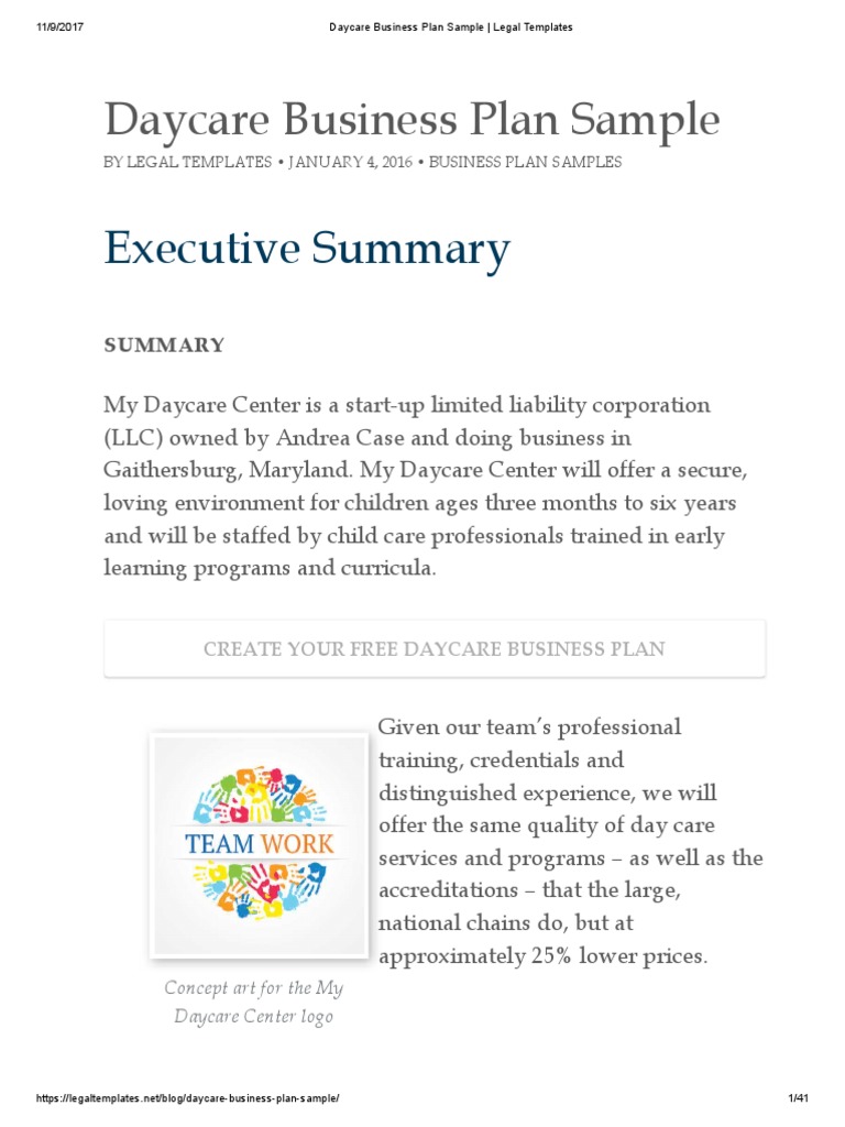 executive summary for daycare business plan