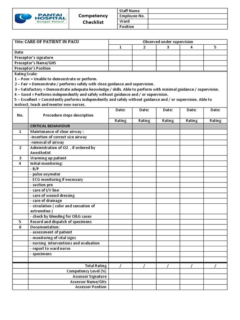 PACU Nursing Competency Checklist | PDF | Nursing | Medical Specialties