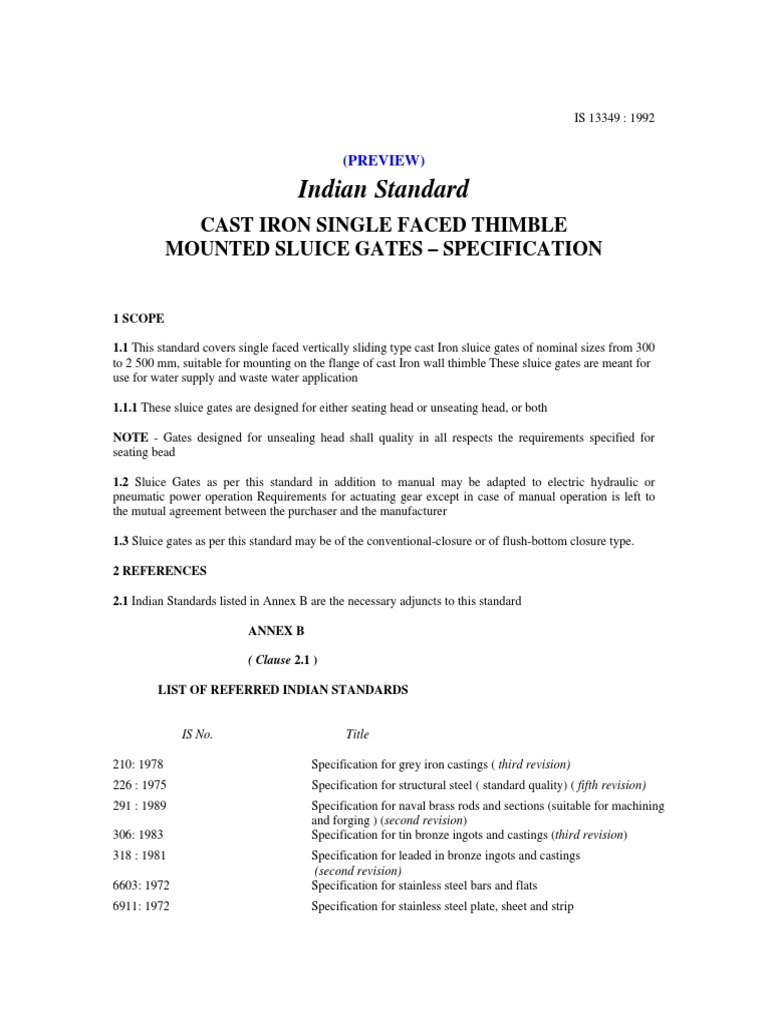 Indian Standard Cast Iron Single Faced Thimble Mounted Sluice Gates