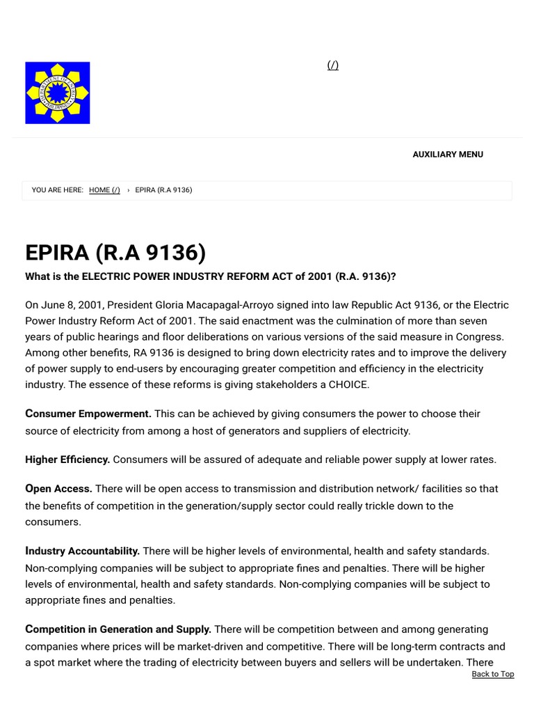 Overview of R.A. 9136: EPIRA Law | PDF | Deregulation | Monopoly