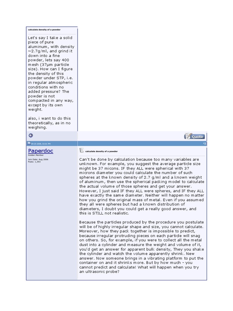 Calculate Density of a Powder Powder (Substance) Density