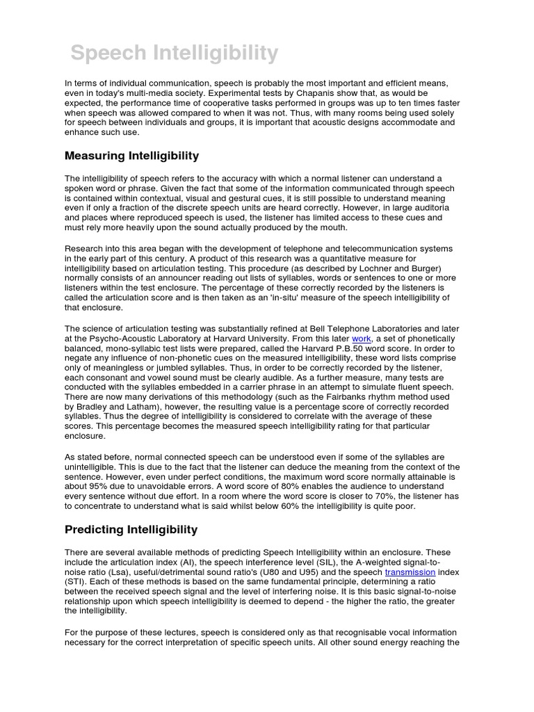 Speech Intelligibility and Measurement Methods | PDF | Signal To Noise ...