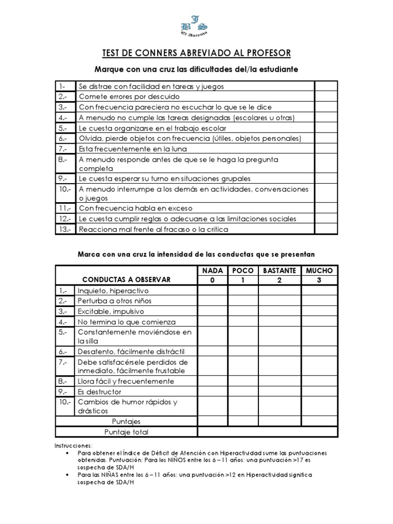 Test de Conners Abreviado para Evaluación | PDF | Desorden hiperactivo ...