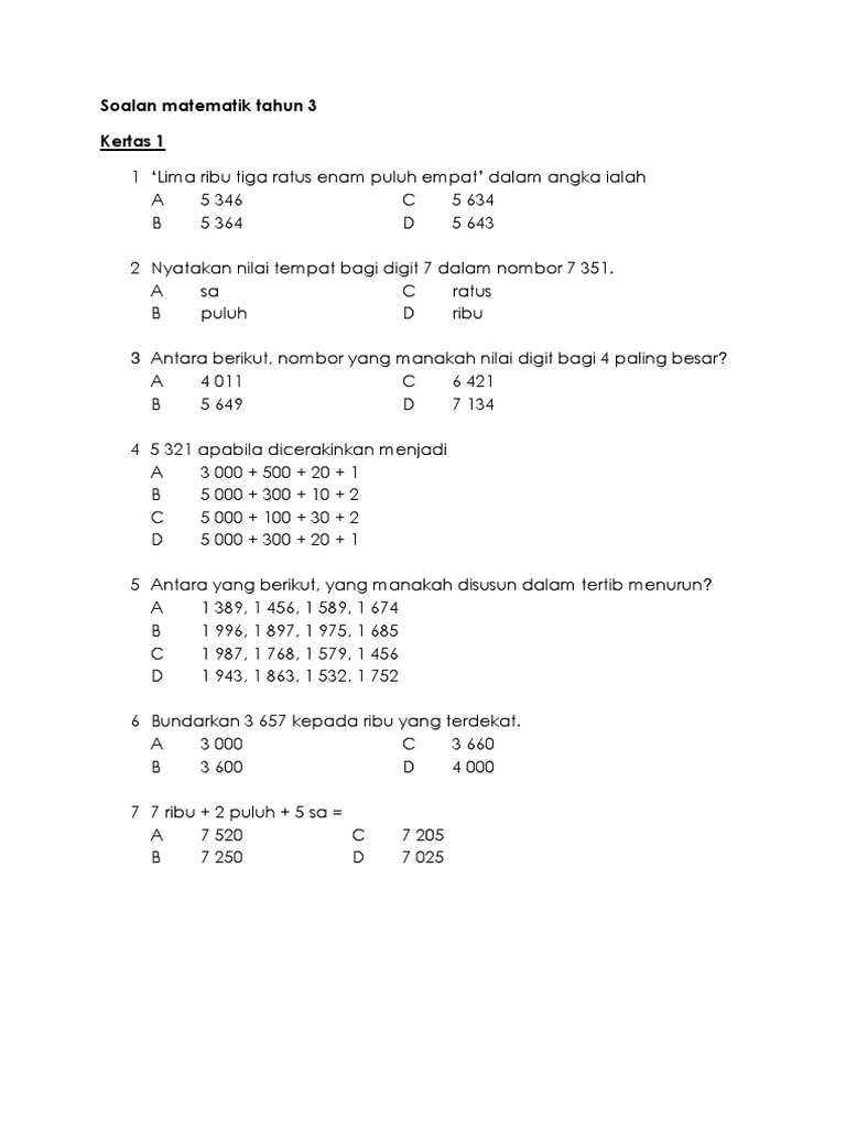 Soalan Matematik Tahun 3 Pdf