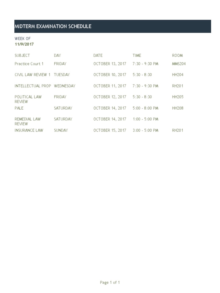 Midterm Exam Schedule 2017 | PDF | Law