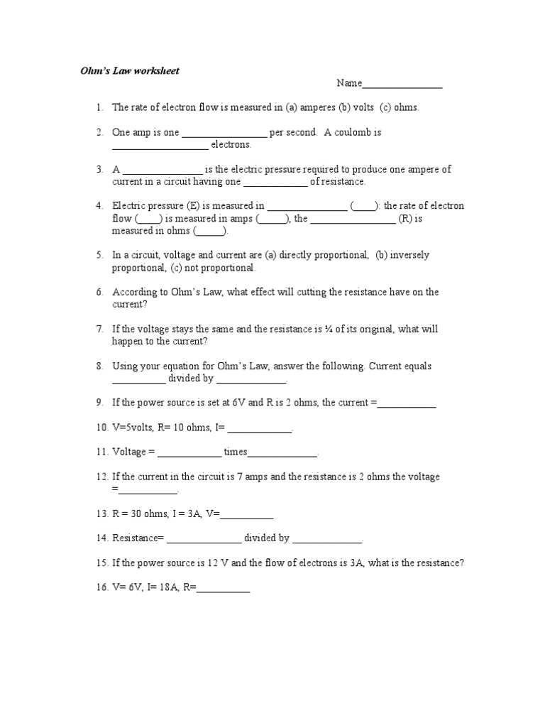 Ohms Law Worksheet