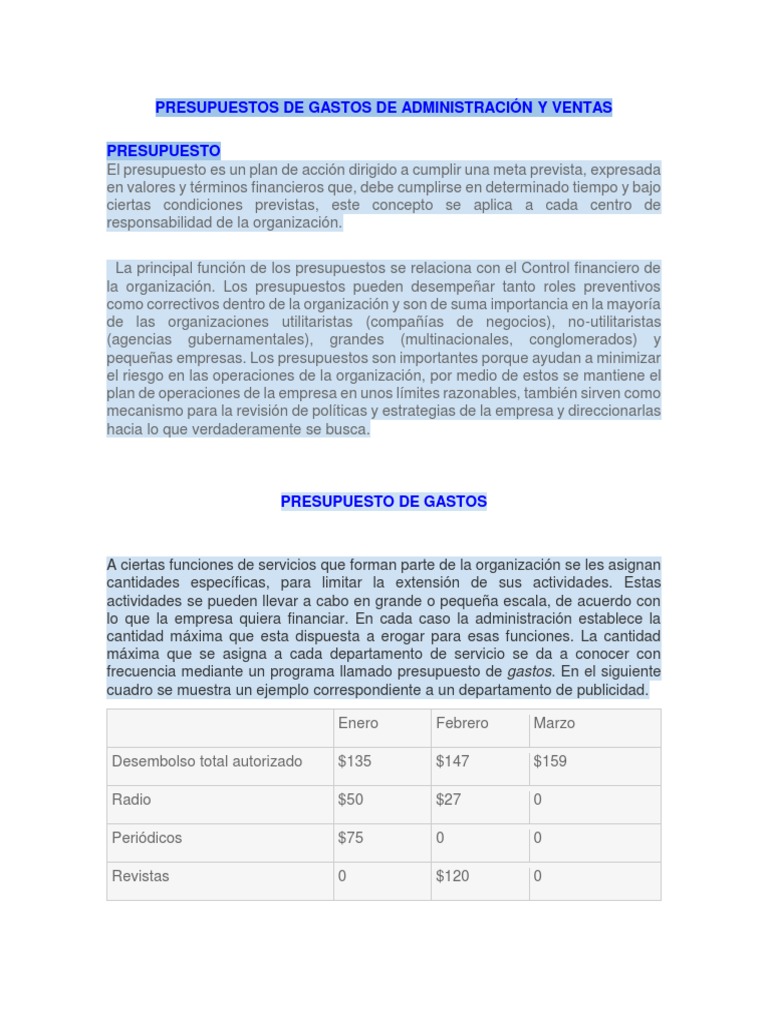 Presupuestos de Gastos de Administración y Ventas | PDF | Presupuesto ...