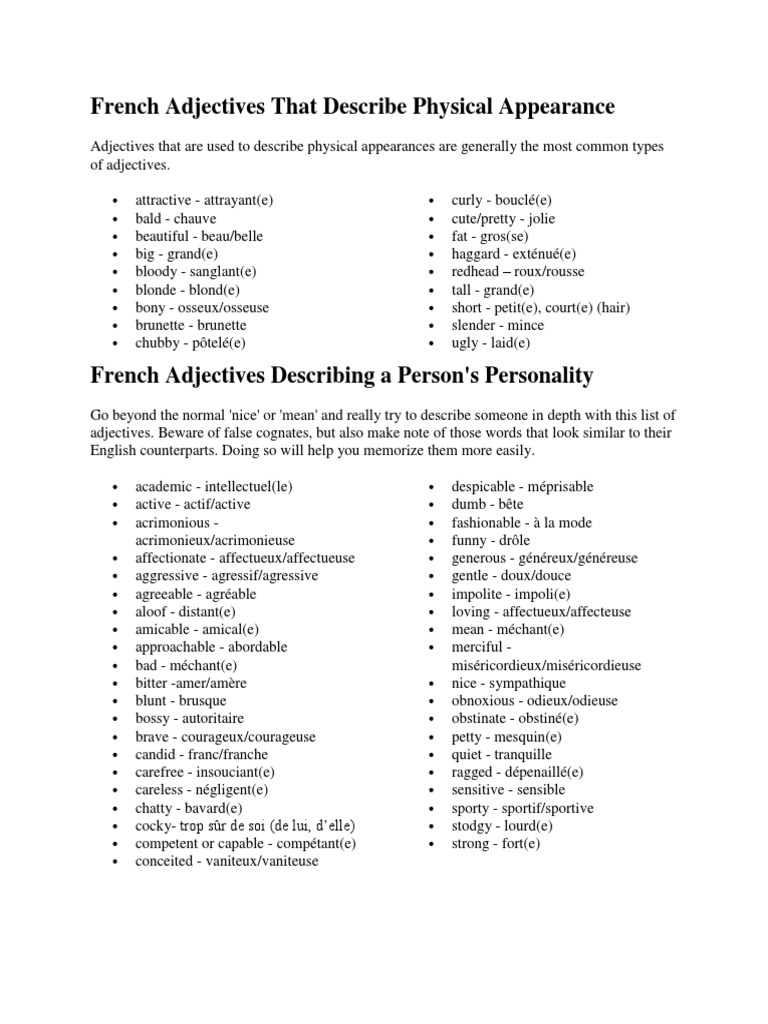 French Adjectives That Describe Physical Appearance Hair Color