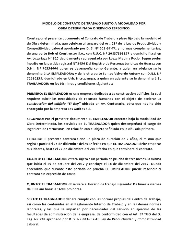 Contrato de Trabajo por Obra Determinada | PDF | Derecho laboral ...