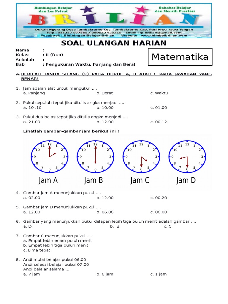 Soal Matematika Kelas 2 SD Bab 4 Pengkuran Waktu, Panjang Dan Berat Dan
