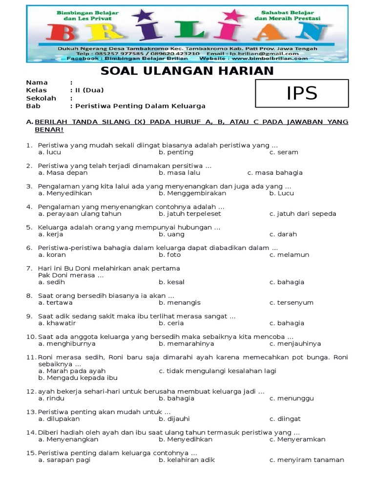 Soal Ips Kelas 2 Sd Bab 3 Peristiwa Penting Dalam Keluarga Dan Kunci Jawaban Www Bimbelbrlian Com