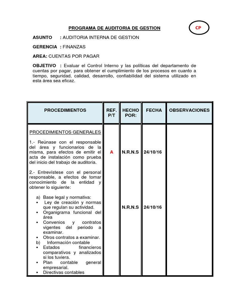 Programa de Auditoria Cuentas Por Pagar | PDF | Contabilidad | Economias