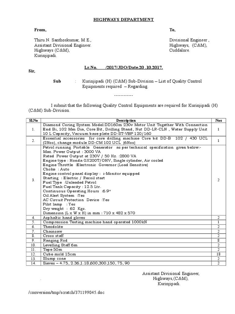 Quality Control Equipment List | PDF | Engines | Vehicles